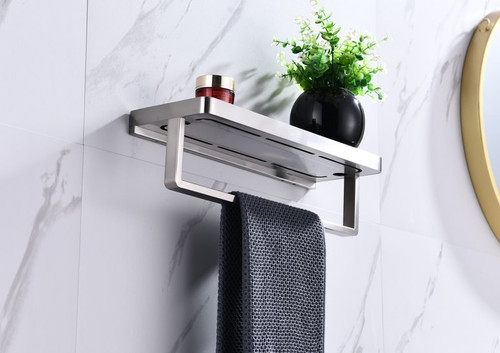 Lexora -  Bagno Bianca Stainless Steel Black Glass Shelf w/ Towel Bar - Brushed Nickel - LST18152BNBG