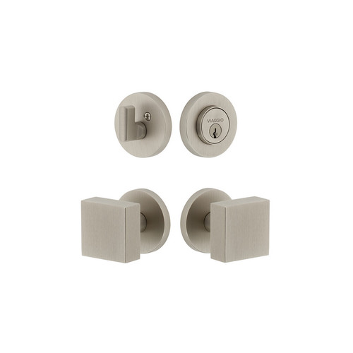 Viaggio Circolo Rosette with Quadrato Brass Knob and matching Deadbolt in Satin Nickel - 628596-CLOQAD-SN