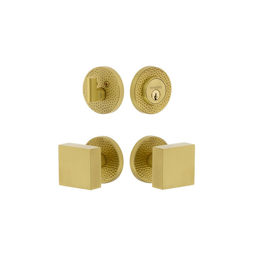 Viaggio Circolo Hammered Rosette with Quadrato Brass Knob and matching Deadbolt in Satin Brass - 628605-CLOMHMQAD-SB