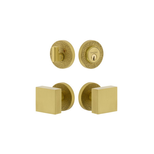 Viaggio Circolo Leather Rosette with Quadrato Brass Knob and matching Deadbolt in Satin Brass - 628610-CLOMLTQAD-SB