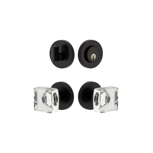 Viaggio Circolo Rosette with Quadrato Crystal Knob and matching Deadbolt in Satin Black - 628619-CLOQDC-BK