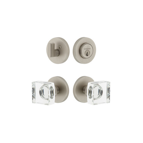 Viaggio Circolo Rosette with Quadrato Crystal Knob and matching Deadbolt in Satin Nickel - 628621-CLOQDC-SN