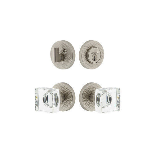 Viaggio Circolo Hammered Rosette with Quadrato Crystal Knob and matching Deadbolt in Satin Nickel - 628631-CLOMHMQDC-SN