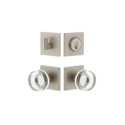Viaggio Quadrato Rosette with Circolo Crystal Knob and matching Deadbolt in Satin Nickel - 628671-QADCLC-SN