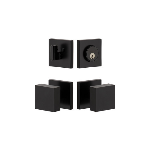 Viaggio Quadrato Rosette with Quadrato Brass Knob and matching Deadbolt in Satin Black - 628719-QADQAD-BK