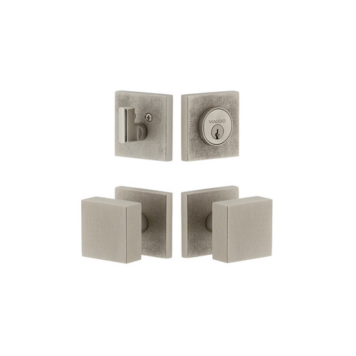 Viaggio Quadrato Linen Rosette with Quadrato Brass Knob and matching Deadbolt in Satin Nickel - 628726-QADMLNQAD-SN