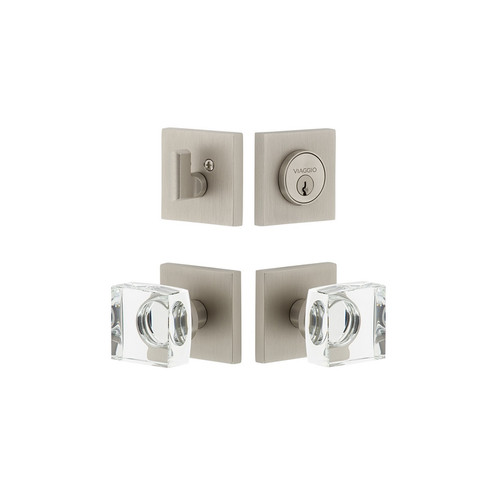 Viaggio Quadrato Rosette with Quadrato Crystal Knob and matching Deadbolt in Satin Nickel - 628746-QADQDC-SN
