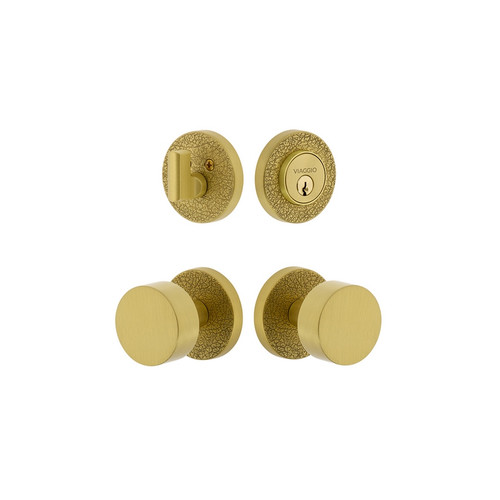 Viaggio Circolo Leather Rosette with Circolo Brass Knob and matching Deadbolt in Satin Brass - 628785-CLOMLTCLO-SB