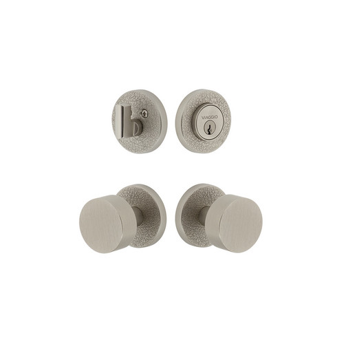 Viaggio Circolo Leather Rosette with Circolo Brass Knob and matching Deadbolt in Satin Nickel - 628786-CLOMLTCLO-SN