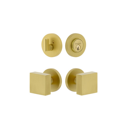Viaggio Circolo Rosette with Quadrato Brass Knob and matching Deadbolt in Satin Brass - 628845-CLOQAD-SB
