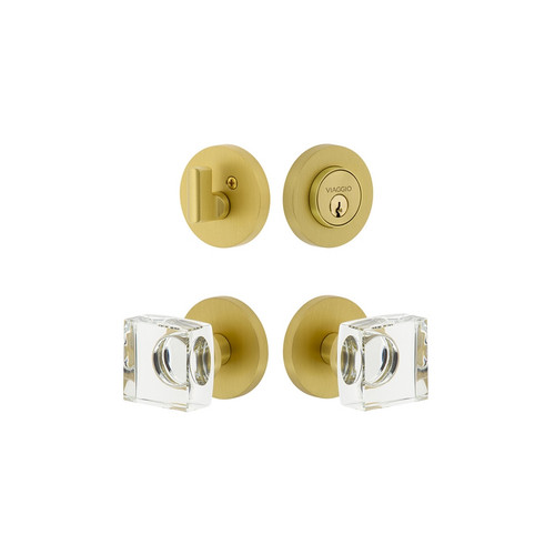 Viaggio Circolo Rosette with Quadrato Crystal Knob and matching Deadbolt in Satin Brass - 628870-CLOQDC-SB