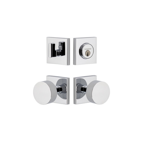 Viaggio Quadrato Rosette with Circolo Brass Knob and matching Deadbolt in Bright Chrome - 628893-QADCLO-BC
