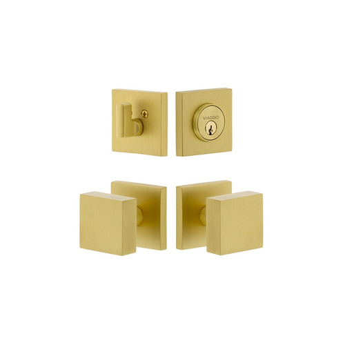 Viaggio Quadrato Rosette with Quadrato Brass Knob and matching Deadbolt in Satin Brass - 628970-QADQAD-SB