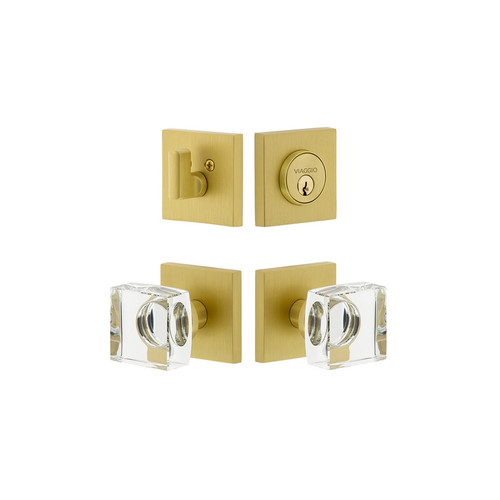 Viaggio Quadrato Rosette with Quadrato Crystal Knob and matching Deadbolt in Satin Brass - 628995-QADQDC-SB