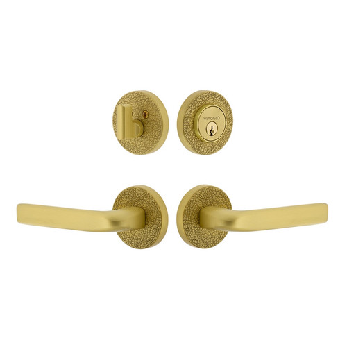 Viaggio Circolo Leather Rosette with Bella Lever and matching Deadbolt in Satin Brass - 629535-CLOMLTBLL-SB