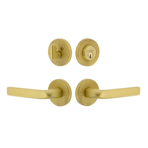 Viaggio Circolo Hammered Rosette with Bella Lever and matching Deadbolt in Satin Brass - 629555-CLOMHMBLL-SB