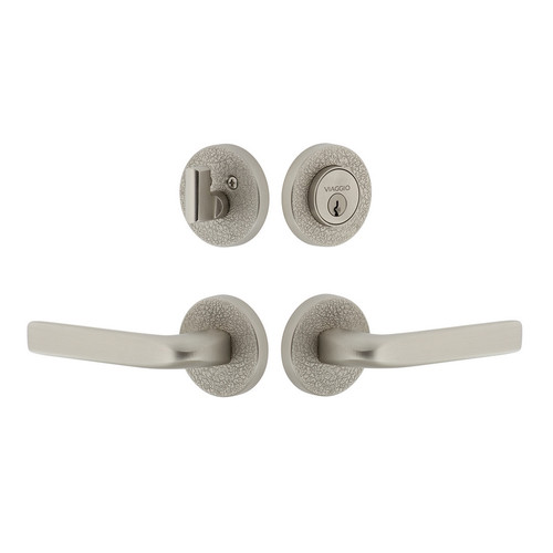 Viaggio Circolo Leather Rosette with Bella Lever and matching Deadbolt in Satin Nickel - 629561-CLOMLTBLL-SN