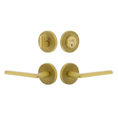 Viaggio Circolo Leather Rosette with Brezza Lever and matching Deadbolt in Satin Brass - 629585-CLOMLTBRZ-SB