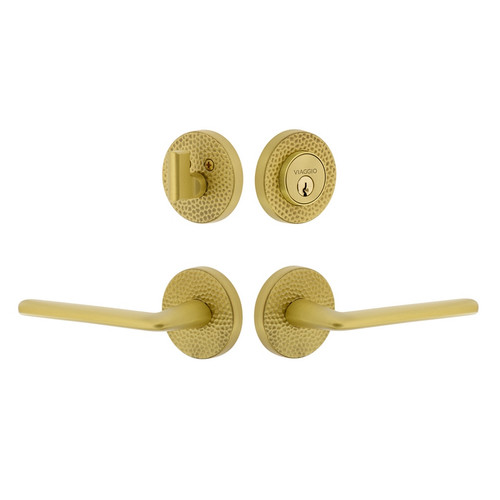 Viaggio Circolo Hammered Rosette with Brezza Lever and matching Deadbolt in Satin Brass - 629605-CLOMHMBRZ-SB