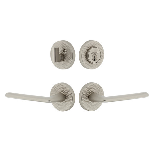 Viaggio Circolo Hammered Rosette with Brezza Lever and matching Deadbolt in Satin Nickel - 629606-CLOMHMBRZ-SN