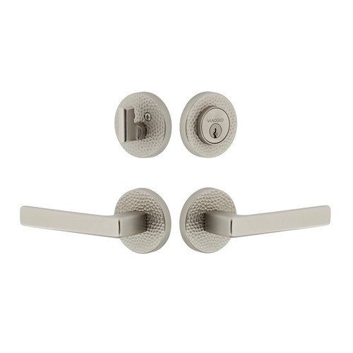 Viaggio Circolo Hammered Rosette with Lusso Lever and matching Deadbolt in Satin Nickel - 629631-CLOMHMLUS-SN