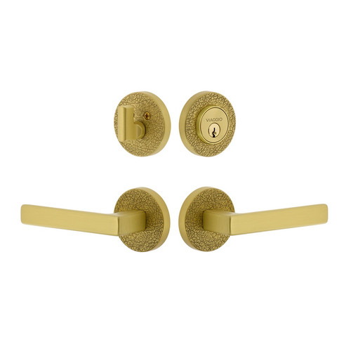 Viaggio Circolo Leather Rosette with Lusso Lever and matching Deadbolt in Satin Brass - 629635-CLOMLTLUS-SB