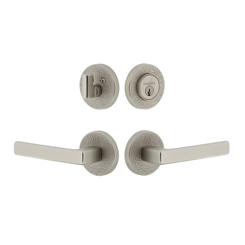 Viaggio Circolo Leather Rosette with Lusso Lever and matching Deadbolt in Satin Nickel - 629636-CLOMLTLUS-SN