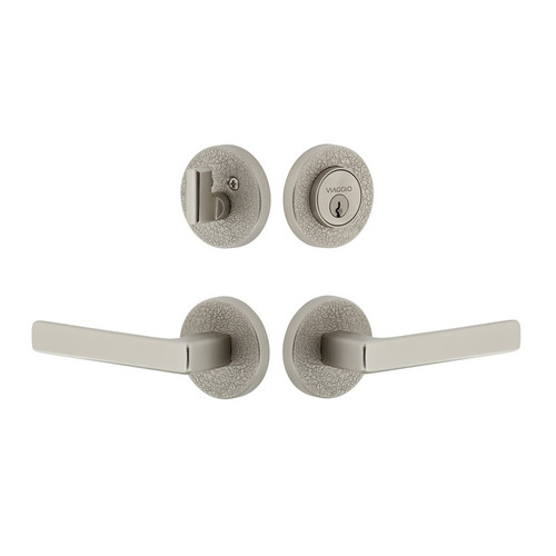 Viaggio Circolo Leather Rosette with Lusso Lever and matching Deadbolt in Satin Nickel - 629661-CLOMLTLUS-SN