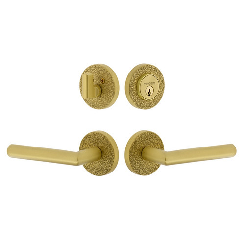 Viaggio Circolo Leather Rosette with Moderno Lever and matching Deadbolt in Satin Brass - 629685-CLOMLTMOD-SB