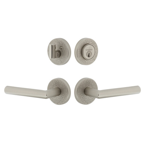 Viaggio Circolo Leather Rosette with Moderno Lever and matching Deadbolt in Satin Nickel - 629686-CLOMLTMOD-SN