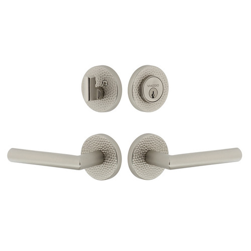 Viaggio Circolo Hammered Rosette with Moderno Lever and matching Deadbolt in Satin Nickel - 629706-CLOMHMMOD-SN