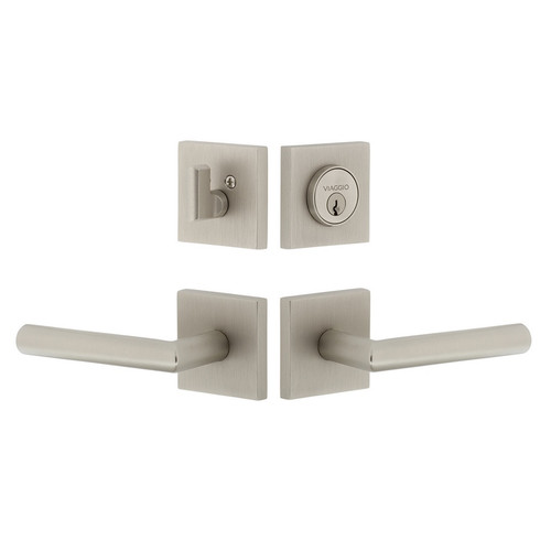 Viaggio Quadrato Rosette with Moderno Lever and matching Deadbolt in Satin Nickel - 629921-QADMOD-SN
