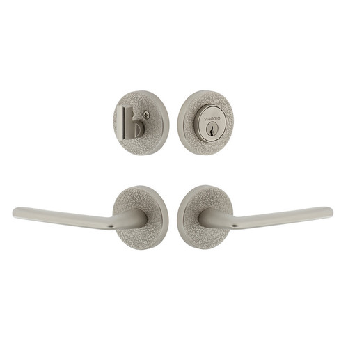 Viaggio Circolo Leather Rosette with Brezza Lever and matching Deadbolt in Satin Nickel - 630086-CLOMLTBRZ-SN