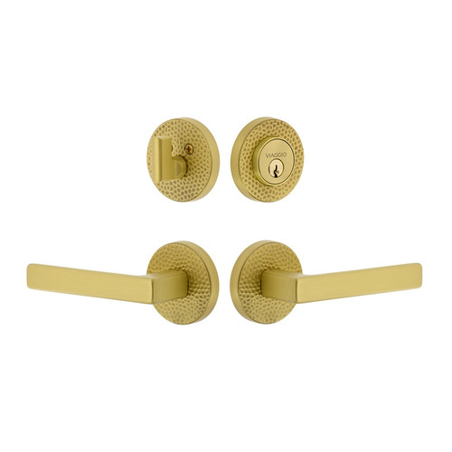 Viaggio Circolo Hammered Rosette with Lusso Lever and matching Deadbolt in Satin Brass - 630130-CLOMHMLUS-SB