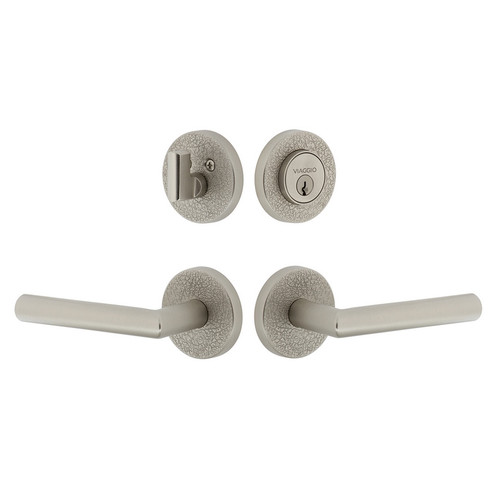 Viaggio Circolo Leather Rosette with Moderno Lever and matching Deadbolt in Satin Nickel - 630186-CLOMLTMOD-SN