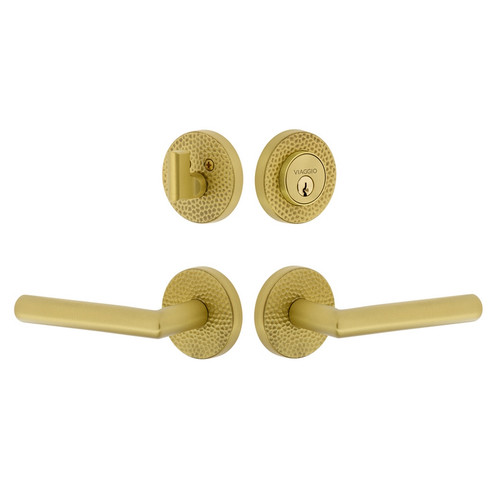 Viaggio Circolo Hammered Rosette with Moderno Lever and matching Deadbolt in Satin Brass - 630205-CLOMHMMOD-SB