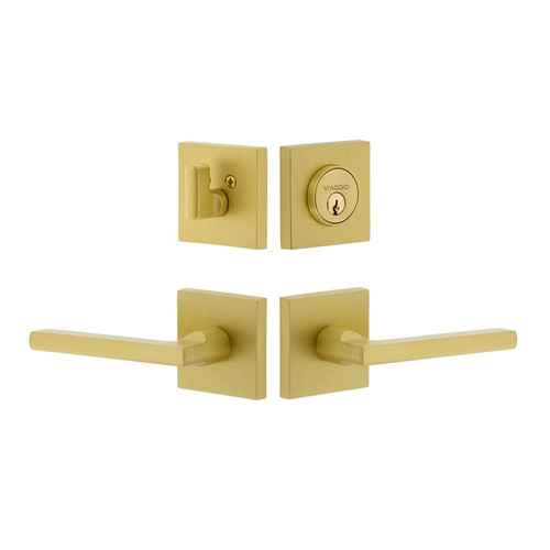 Viaggio Quadrato Rosette with Milano Lever and matching Deadbolt in Satin Brass - 630495-QADMIL-SB