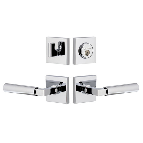 Viaggio Quadrato Rosette with Contempo Smooth Lever and matching Deadbolt in Bright Chrome - 630658-QADCON-STH-BC