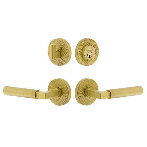 Viaggio Circolo Hammered Rosette with Contempo Smooth Lever and matching Deadbolt in Satin Brass - 630840-CLOMHMCON-STH-SB