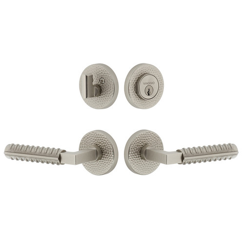 Viaggio Circolo Hammered Rosette with Contempo Rebar Lever and matching Deadbolt in Satin Nickel - 630846-CLOMHMCON-REB-SN