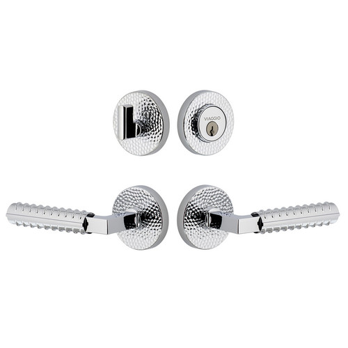 Viaggio Circolo Hammered Rosette with Contempo Rebar Lever and matching Deadbolt in Bright Chrome - 630903-CLOMHMCON-REB-BC