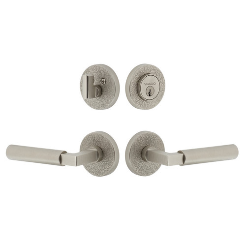 Viaggio Circolo Leather Rosette with Contempo Smooth Lever and matching Deadbolt in Satin Nickel - 631209-CLOMLTCON-STH-SN