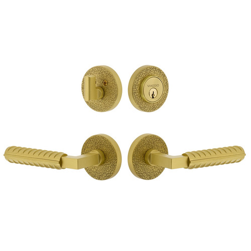 Viaggio Circolo Leather Rosette with Contempo Rebar Lever and matching Deadbolt in Satin Brass - 631213-CLOMLTCON-REB-SB