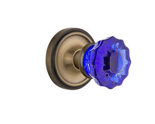 Nostalgic Warehouse - Classic Rosette Interior Mortise Crystal Cobalt Glass Door Knob in Antique Brass - CLACRC - 726050 - 2 1/4" Backset