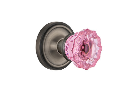 Nostalgic Warehouse - Classic Rosette Interior Mortise Crystal Pink Glass Door Knob in Antique Pewter - CLACRP - 726052 - 2 1/4" Backset