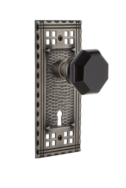 Nostalgic Warehouse - Craftsman Plate Interior Mortise Waldorf Black Door Knob in Antique Pewter - CRAWAB - 726142 - 2 1/4" Backset