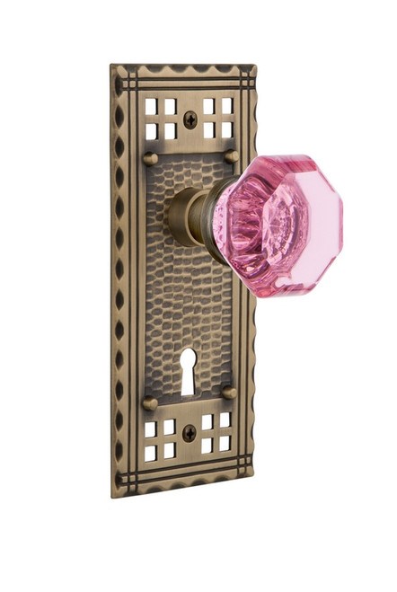 Nostalgic Warehouse - Craftsman Plate Interior Mortise Waldorf Pink Door Knob in Antique Brass - CRAWAP - 726136 - 2 1/4" Backset