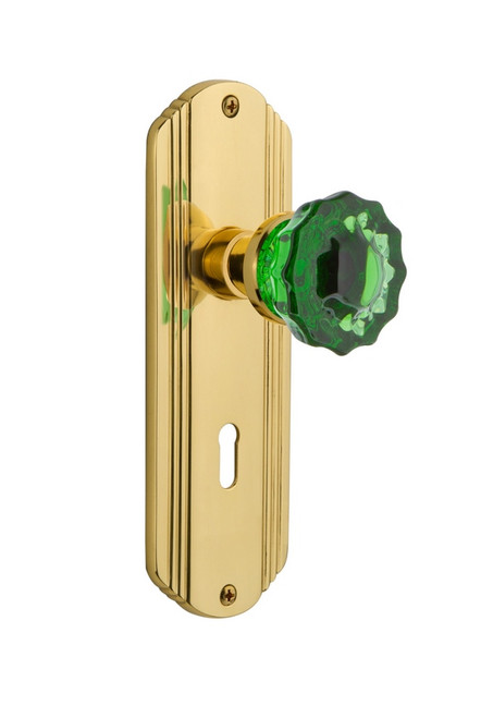 Nostalgic Warehouse - Deco Plate Interior Mortise Crystal Emerald Glass Door Knob in Polished Brass - DECCRE - 726169 - 2 1/4" Backset