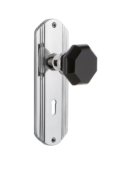 Nostalgic Warehouse - Deco Plate Interior Mortise Waldorf Black Door Knob in Bright Chrome - DECWAB - 726190 - 2 1/4" Backset