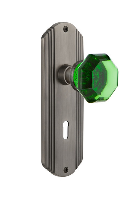 Nostalgic Warehouse - Deco Plate Interior Mortise Waldorf Emerald Door Knob in Antique Pewter - DECWAE - 726185 - 2 1/4" Backset